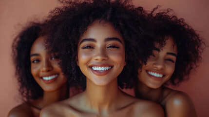 Three women with beautiful curly hair smile warmly in front of a softly lit peach background, showcasing their joyful expressions and friendship
