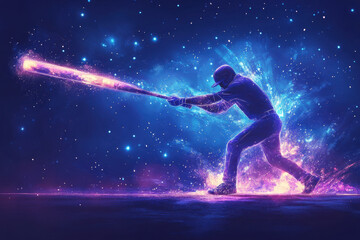A cosmic figure swings a glowing bat against a vibrant, star-filled backdrop, blending sport with a surreal, galactic theme.