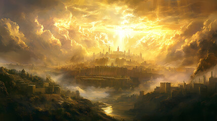 Fototapeta premium The new jerusalem: the city of god descending from heaven - picture a scene where the new jerusalem descends from heaven, a city of pure gold, shining with the glory of god. Transcendent. Illustration