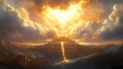 Fototapeta premium The new jerusalem: the city of god descending from heaven - picture a scene where the new jerusalem descends from heaven, a city of pure gold, shining with the glory of god. Transcendent. Illustration