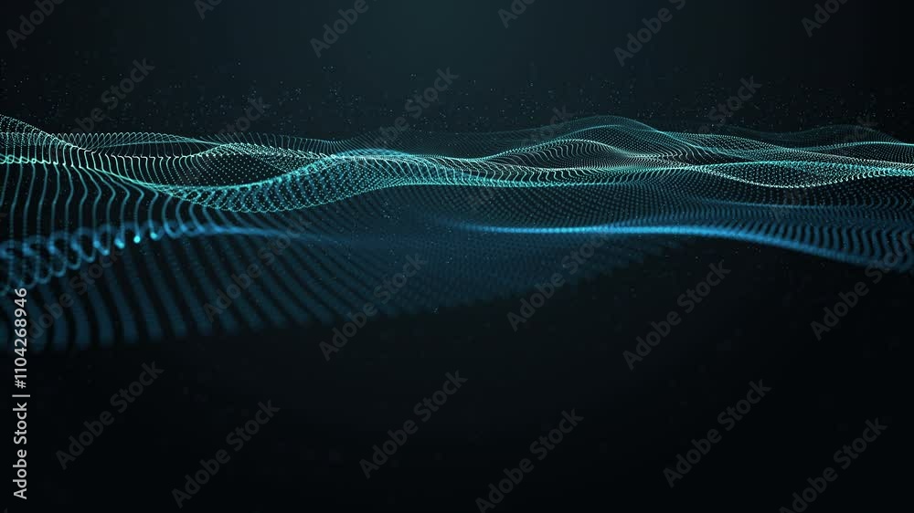 Poster futuristic video animation with particle wave object in slow motion and space for text, 4096x2304 lo