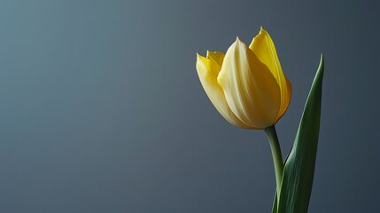 A striking yellow tulip on a muted gray backdrop, close-up shot, Minimalist style