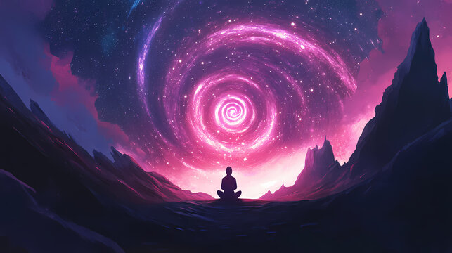Transcendent meditation scene chakra energy spirals and cosmic consciousness expansion. Transcendent. Illustration