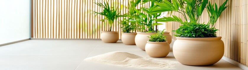 Fototapeta premium Minimalist balcony with raked sand in small pots and bamboo fencing