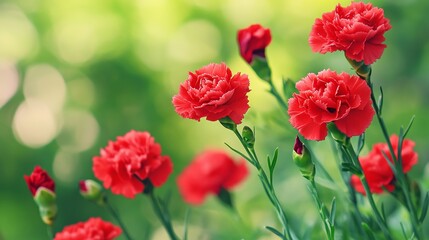 Fototapeta premium A vibrant composition of red carnations against a lush green garden backdrop, close-up shot, Naturalistic style