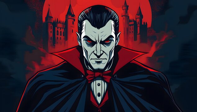 A dramatic portrait of a male vampire, his intense gaze piercing through the darkness.  Red and black tones create a sinister mood.
