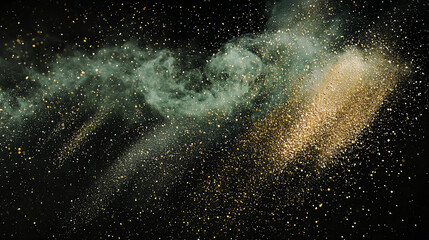Dynamic cascade of metallic green dust particles swirling against a dark background