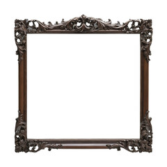 Wooden frame with ornate corners.On a white background. Ai generated.
