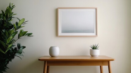Minimalist Zen workspace with a small wooden desk and calming wall art