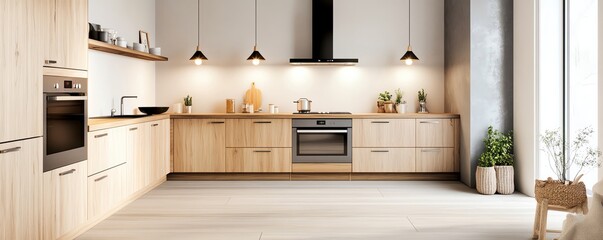 Open-concept Zen kitchen with wooden cabinetry, soft lighting, and uncluttered surfaces
