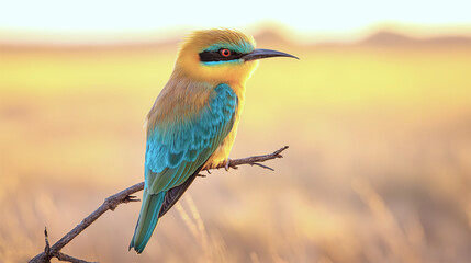 Blue-tailed bee-eater bird perched on branch in golden sunlight, vibrant colors
