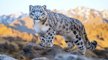 Obraz premium Snow leopard standing on rocky terrain with scenic mountain backdrop, wildlife shot 