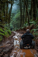 A person in a wheelchair travels through a muddy trail in a dense forest, with rain-soaked trees lining the path under cloudy skies