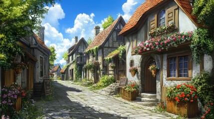 Fototapeta premium Charming European Village Street with Blooming Flowers and Houses