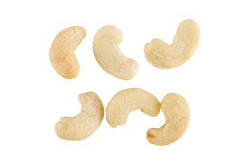 Roasted Cashew nuts isolated on white background with.  Full depth of field.