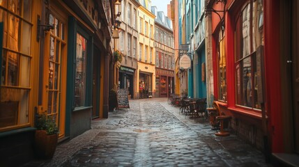 Fototapeta premium Cozy Medieval Street with Colorful Buildings and Cobblestone Pathway