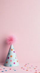 Colorful party hat with fluffy pom and confetti falling on a pastel pink background
