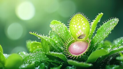 A vibrant close-up of a Venus flytrap in a lush green environment, showcasing its unique structure and dew-covered leaves, perfect for nature enthusiasts.