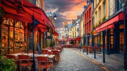 Obraz premium Charming Cobblestone Street with Cafe Tables Under Sunset Sky