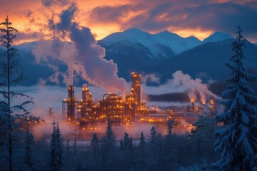 Fototapeta premium Dramatic winter landscape with smoke rising from industrial plant, set against snow-covered mountains and colorful sunset sky