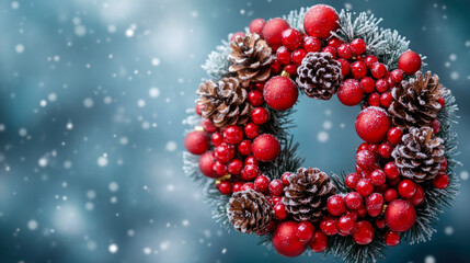 A beautifully crafted wreath featuring red berries and pinecones, set against a serene snowy background, evoking holiday spirit and charm