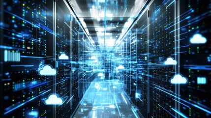 Modern Data Center with Secure Cloud Storage and Digital Connectivity in a Tech Environment