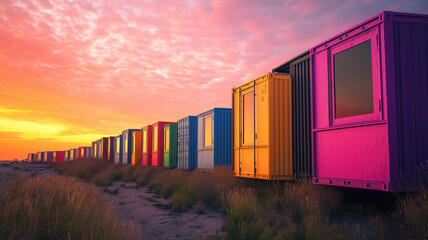 Fototapeta premium Colorful shipping containers at sunset. Generative AI image