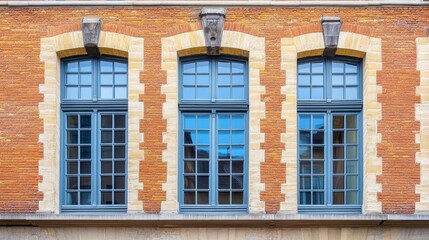 Fototapeta premium Architectural Elegance of Classic Windows on Brick Wall Design