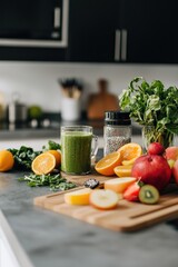 Nutritious Winter Smoothie Preparation with Fresh Fruits and Greens in a Modern Kitchen Setting