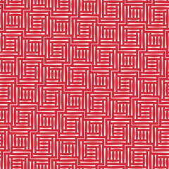 Elegant motif with modular blocks of thin white horizontal and vertical lines on a red background. Seamless geometric pattern. Modern maze design. Contemporary ethnic style. Vector illustration.