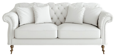Elegant white tufted sofa with decorative pillows in a modern living room setting