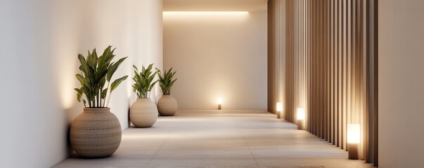 Fototapeta premium Zen-inspired hallway with clean lines, warm lighting, and natural textures