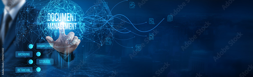 Poster businessman touching the document management icon on the virtual interface, organizing, digital reco