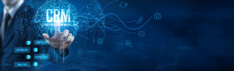 Man touching CRM icon on virtual interface, data integration, customer analytics, sales pipeline management, marketing automation, customer segmentation, relationship building, performance tracking.