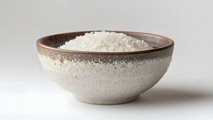 A rustic stoneware bowl filled with a generous portion of uncooked white rice.  Simple, elegant, and ready for cooking.