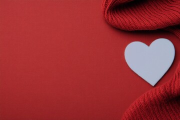 Red fabric background with a white heart and knit texture in cozy display