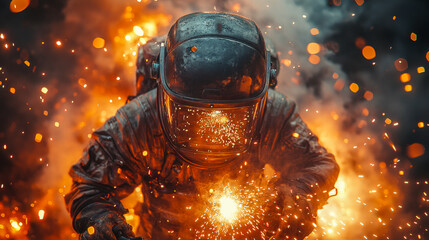 Intense firefighter battling blazing flames in protective gear