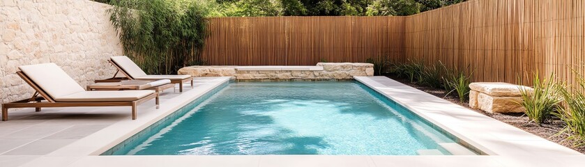 Zen-inspired pool area with bamboo fencing, simple loungers, and stone accents