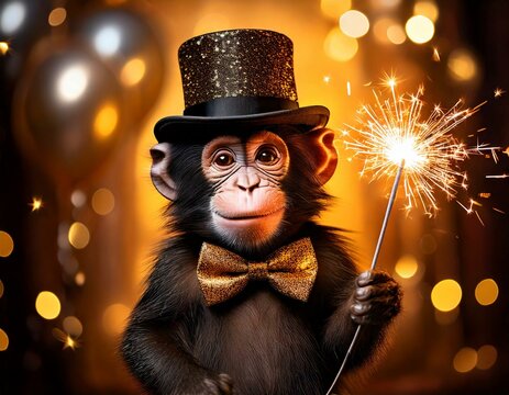 Lustiger Silvesteraffe mit Zylinder und Wunderkerze f&uuml;r festliche Kampagnen