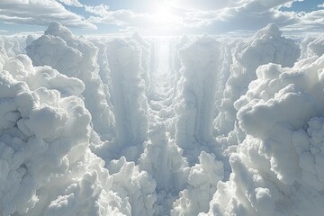 Bright sunlight breaks through dense clouds creating a serene and ethereal landscape at midday