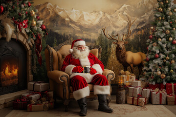 Illustration of Santa Claus and His Reindeer with a Whimsical Christmas Vibe