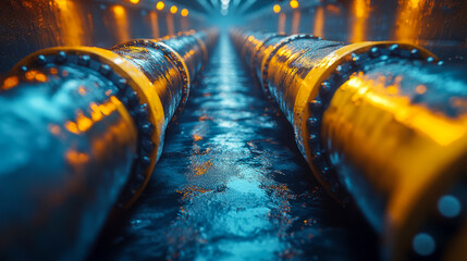 Industrial pipes with water reflection in dimly lit tunnel