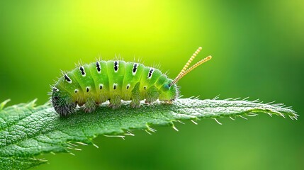 Fototapeta premium A vibrant green caterpillar resting on a leaf, showcasing intricate patterns and textures, with a blurred natural background that highlights its beauty.
