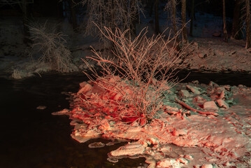  A snowy bush illuminated by warm red light near a flowing stream in a dark, wintry forest, creating a dramatic and tranquil scene.