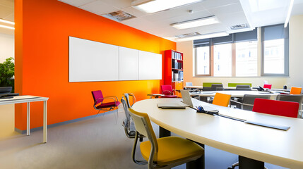 Office interior signage mockups - Modern office space with colorful furniture and collaborative layout.