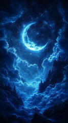 Obraz premium A crescent moon surrounded by cloud wisps in shades of blue and silver, ultra-quality, generative AI
