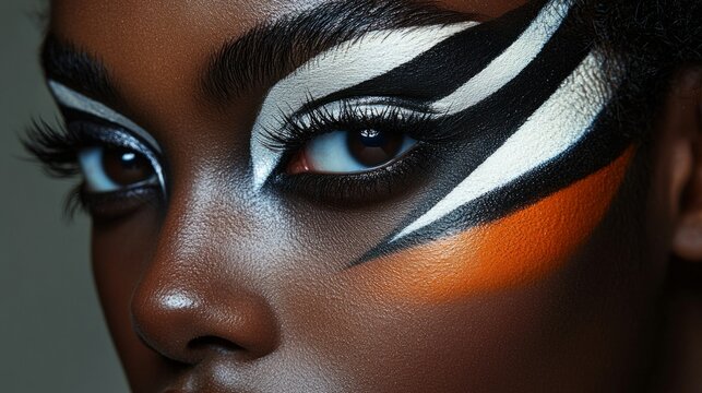 Artistic eye makeup on african female with bold colors and striking patterns
