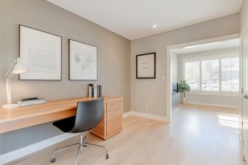 Bright workspace with minimalist design featuring a yellow chair and a wooden desk