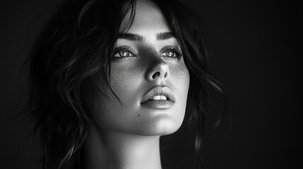 Intense portrait of young caucasian female with freckles in black and white