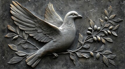 Intricate stone carving of a dove on an olive branch symbolizing peace and unity